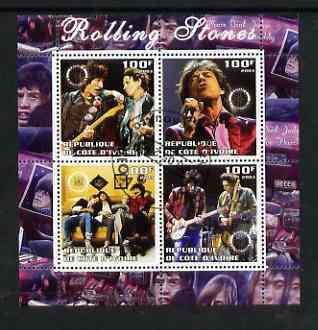 Ivory Coast 2003 Rolling Stones perf sheetlet containing set of 4 values each with Rotary International Logo cto used, stamps on , stamps on  stamps on personalities, stamps on  stamps on entertainments, stamps on  stamps on music, stamps on  stamps on pops, stamps on  stamps on rotary, stamps on  stamps on rock