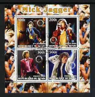 Benin 2003 Mick Jagger (Rolling Stones) perf sheetlet containing set of 4 values each with Rotary International Logo cto used, stamps on , stamps on  stamps on personalities, stamps on  stamps on entertainments, stamps on  stamps on music, stamps on  stamps on pops, stamps on  stamps on rotary, stamps on  stamps on rock