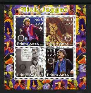 Eritrea 2003 Mick Jagger (Rolling Stones) perf sheetlet containing set of 4 values each with Rotary International Logo cto used, stamps on personalities, stamps on entertainments, stamps on music, stamps on pops, stamps on rotary, stamps on rock, stamps on drugs