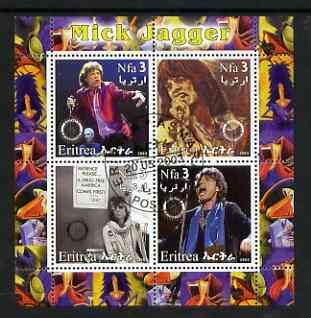 Eritrea 2003 Mick Jagger (Rolling Stones) perf sheetlet containing set of 4 values each with Rotary International Logo cto used, stamps on , stamps on  stamps on personalities, stamps on  stamps on entertainments, stamps on  stamps on music, stamps on  stamps on pops, stamps on  stamps on rotary, stamps on  stamps on rock, stamps on  stamps on drugs