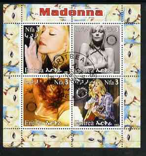 Eritrea 2003 Madonna #2 perf sheetlet containing set of 4 values each with Rotary International Logo cto used, stamps on , stamps on  stamps on personalities, stamps on  stamps on entertainments, stamps on  stamps on music, stamps on  stamps on pops, stamps on  stamps on rotary, stamps on  stamps on women