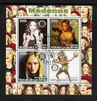 Benin 2003 Madonna #1 perf sheetlet containing set of 4 values each with Rotary International Logo cto used, stamps on , stamps on  stamps on personalities, stamps on  stamps on entertainments, stamps on  stamps on music, stamps on  stamps on pops, stamps on  stamps on rotary, stamps on  stamps on women