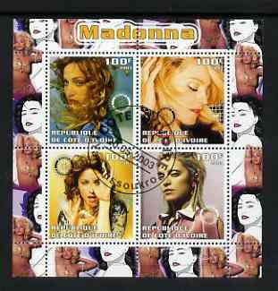 Ivory Coast 2003 Madonna perf sheetlet containing set of 4 values each with Rotary International Logo cto used, stamps on , stamps on  stamps on personalities, stamps on  stamps on entertainments, stamps on  stamps on music, stamps on  stamps on pops, stamps on  stamps on rotary, stamps on  stamps on women