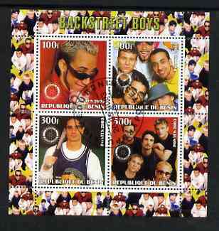 Benin 2003 Backstreet Boys perf sheetlet containing set of 4 values each with Rotary International Logo cto used, stamps on , stamps on  stamps on personalities, stamps on  stamps on entertainments, stamps on  stamps on music, stamps on  stamps on pops, stamps on  stamps on rotary, stamps on  stamps on baseball