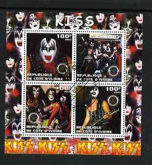 Ivory Coast 2003 Kiss #1 perf sheetlet containing set of 4 values each with Rotary International Logo cto used, stamps on , stamps on  stamps on personalities, stamps on  stamps on entertainments, stamps on  stamps on music, stamps on  stamps on pops, stamps on  stamps on rotary, stamps on  stamps on rock