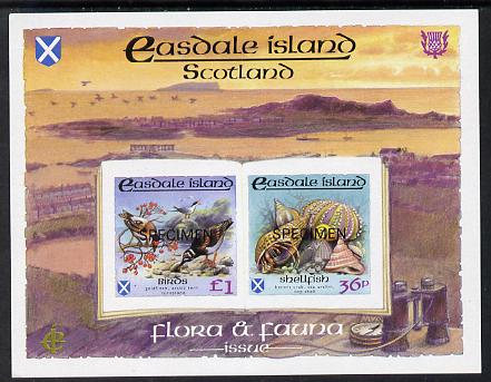 Easdale 1988 Flora & Fauna definitive imperf sheetlet containing 36p (shell) & A31 (Birds) each overprinted SPECIMEN unmounted mint, stamps on , stamps on  stamps on birds, stamps on marine life, stamps on shells, stamps on goldfinch, stamps on tern, stamps on turnstone