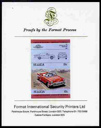 St Lucia 1984 Cars #1 (Leaders of the World) 10c Chevrolet Bel Air 1957 imperf se-tenant proof pair mounted on Format International proof card, stamps on , stamps on  stamps on cars, stamps on  stamps on chevrolet