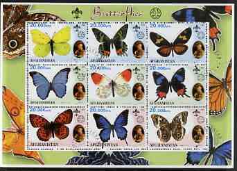 Afghanistan 2001 Butterflies perf sheetlet containing 9 values (also showing Baden Powell and Scout & Guide Logos) fine cto used, stamps on , stamps on  stamps on butterflies, stamps on  stamps on scouts, stamps on  stamps on guides