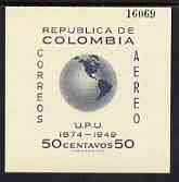 Colombia 1950 75th Anniversary of Universal Postal Union imperf m/sheet (airmail - in grey) unmounted mint, SG MS 728b, stamps on upu, stamps on globes, stamps on  upu , stamps on 