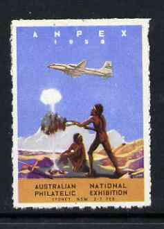 Australia 1959 Anpex '59 (Australian National Philatelic Exhibition) label showing airplane flying over Aborigines (mounted), stamps on , stamps on  stamps on stamp exhibitions, stamps on  stamps on aviation