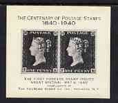 Cinderella - Great Britain 1940 Stamp Centenary imperf souvenir sheet showing pair 1d blacks produced by KenMore Stamp Co, New York, unmounted mint, stamps on stamp centenary