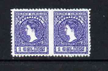 Surinam 1907 Wilhelmina 1g horiz pair imperf between being a 'Hialeah' forgery on gummed paper (as SG 102var), stamps on , stamps on  stamps on royalty, stamps on  stamps on forgery, stamps on  stamps on forgeries