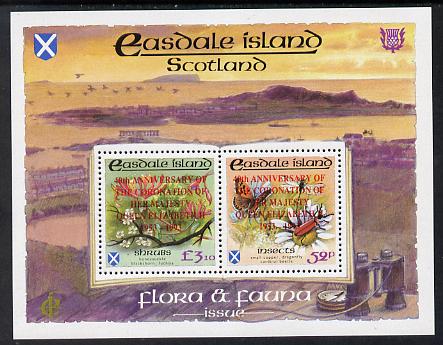 Easdale 1993 40th Anniversary of Coronation overprinted in red on Flora & Fauna perf sheetlet containing 52p (Butterfly & Insects) & .10 (Shrubs) unmounted mint, stamps on butterflies, stamps on flowers, stamps on royalty, stamps on dragonflies, stamps on coronation, stamps on insects, stamps on violas