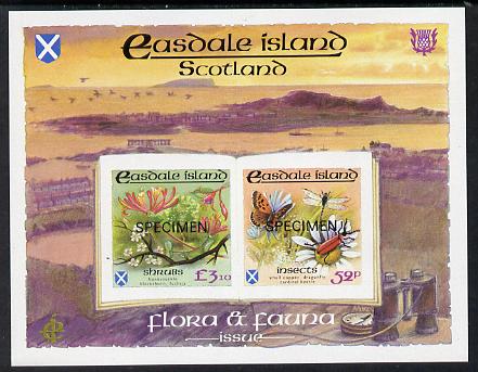 Easdale 1988 Flora & Fauna definitive imperf sheetlet containing 52p (Butterfly & Insects) & .10 (Shrubs) overprinted SPECIMEN unmounted mint, stamps on butterflies, stamps on flowers, stamps on insects, stamps on dragonflies, stamps on violas