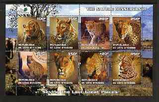 Ivory Coast 2003 The Nature Conservancy perf sheetlet containing set of 8 values (big cats) fine cto used, stamps on wildlife, stamps on cats, stamps on environment, stamps on 