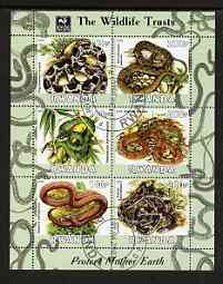 Rwanda 2003 The Wildlife Trusts perf sheetlet containing set of 6 values (Snakes) fine cto used, stamps on wildlife, stamps on environment, stamps on reptiles, stamps on snakes, stamps on snake, stamps on snakes, stamps on 