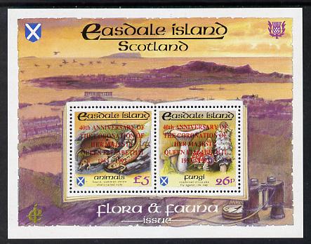 Easdale 1993 40th Anniversary of Coronation overprinted in red on Flora & Fauna perf sheetlet containing 26p (Fungi) & \A35 (Animals) unmounted mint, stamps on animals, stamps on fungi, stamps on royalty, stamps on coronation, stamps on animals