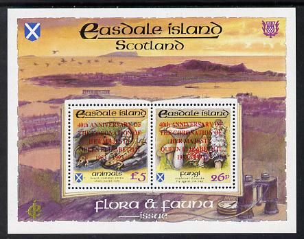 Easdale 1993 40th Anniversary of Coronation overprinted in red on Flora & Fauna perf sheetlet containing 26p (Fungi) & A35 (Animals) unmounted mint, stamps on , stamps on  stamps on animals, stamps on fungi, stamps on royalty, stamps on coronation, stamps on  stamps on animals