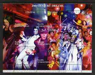 Turkmenistan 1999 20th Century Dreams #06 composite perf sheetlet containing 9 values unmounted mint (Liza Minnelli, John Travolta, Truman Capote, Liz Taylor, Stallone, Elton John, Dali, etc), stamps on millennium, stamps on personalities, stamps on entertainments, stamps on films, stamps on cinema, stamps on music, stamps on arts, stamps on women, stamps on   