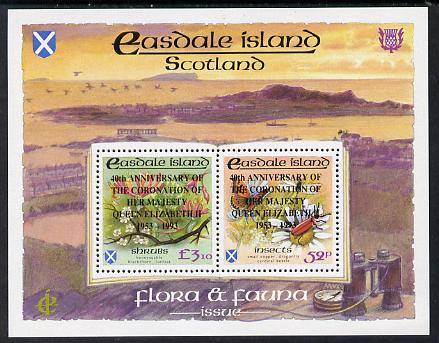 Easdale 1993 40th Anniversary of Coronation overprinted in black on Flora & Fauna perf sheetlet containing 52p (Butterfly & Insects) & \A33.10 (Shrubs) unmounted mint, stamps on butterflies, stamps on flowers, stamps on royalty, stamps on dragonflies, stamps on coronation, stamps on insects