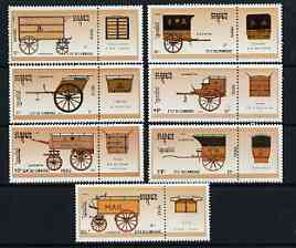 Cambodia 1990 Stamp World London '90 Stamp Exhibition (Horse-drawn Mail Transport) perf set of 7 each se-tenant with label unmounted mint, SG 1050-56, stamps on , stamps on  stamps on transport, stamps on  stamps on postal, stamps on  stamps on horses, stamps on  stamps on stamp exhibitions