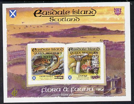 Easdale 1990 90th Birthday of Queen Mother overprinted on Flora & Fauna definitive imperf sheetlet containing 19p on 26p (Fungi) & 19p on A35 (Animals) unmounted mint, stamps on , stamps on  stamps on animals  fungi   royalty        queen mother