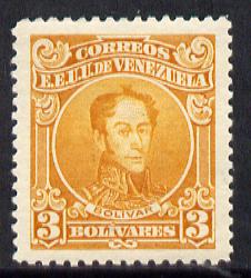 Venezuela 1924 Simon Bolivar 3b yellow-orange lightly mounted mint SG 388, stamps on personalities, stamps on bolivar, stamps on masonics, stamps on masonry, stamps on constitutions  , stamps on dictators.