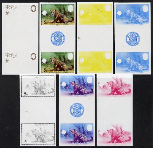 Belize 1983 WWF - Jaguar 5c (Jaguar Cub) x 7 imperf gutter pair progressive proofs comprising the 5 individual colours plus 2 different combination composites, unmounted mint (7 proofs as SG 756), stamps on , stamps on  stamps on animals, stamps on  stamps on cats, stamps on  stamps on  wwf , stamps on  stamps on 