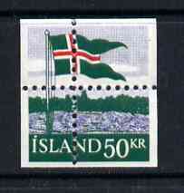 Iceland 1958 40th Anniversary of Flag 50k with misplaced perfs such that stamp is quartered, being a 'Hialeah' forgery on gummed paper (as SG 359), stamps on , stamps on  stamps on flags, stamps on  stamps on forgery, stamps on  stamps on forgeries