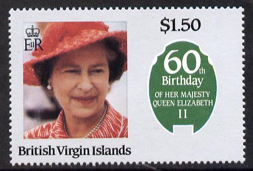 British Virgin Islands $1.50 on wmk'd paper with blue omitted (frame & ribbons) unmounted mint SG 602var (UH 30 retail), stamps on royalty, stamps on 60th birthday