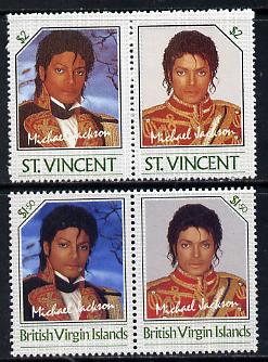British Virgin Islands 1985 Michael Jackson $1.50 Unissued perf unmounted mint se-tenant pair - this issue was rejected by the Queen as only living Royalty may be depicted on BVI stamps. The design was ultimately used for St Vincent which is included. Very few BVI exist, stamps on , stamps on stamps on music, stamps on stamps on personalities, stamps on stamps on pops, stamps on stamps on rock