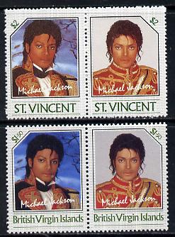 British Virgin Islands 1985 Michael Jackson $1.50 Unissued perf unmounted mint se-tenant pair - this issue was rejected by the Queen as only living Royalty may be depicted on BVI stamps.  The design was ultimately used for St Vincent which is included.  Very few BVI exist, stamps on music, stamps on personalities, stamps on pops, stamps on rock