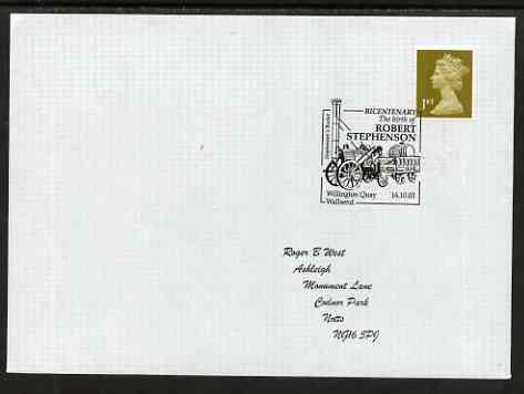 Postmark - Great Britain 2003 cover for Bicentenary of Birth of Robert Stephenson with illustrated cancel showing the Rocket, stamps on railways, stamps on personalities, stamps on 