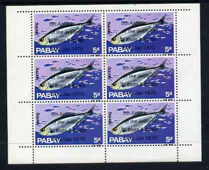 Pabay 1970 Fish 5d (Herring) complete perf sheetlet of 6 each opt'd '5th Anniversary of Death of Sir Winston Churchill' unmounted mint, stamps on fish, stamps on personalities, stamps on churchill, stamps on death, stamps on marine life   