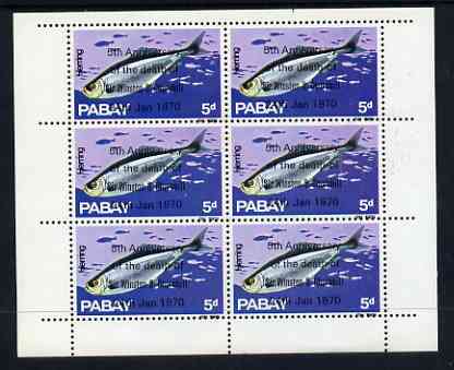 Pabay 1970 Fish 5d (Herring) complete perf sheetlet of 6 each opt'd '5th Anniversary of Death of Sir Winston Churchill' unmounted mint, stamps on , stamps on  stamps on fish, stamps on  stamps on personalities, stamps on  stamps on churchill, stamps on  stamps on death, stamps on  stamps on marine life   