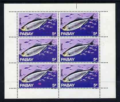 Pabay 1969 Fish 5d (Herring) complete perf sheetlet of 6 with large background flaw on stamp 3/1 unmounted mint, stamps on , stamps on  stamps on fish, stamps on  stamps on marine life   