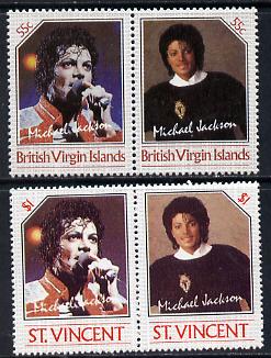 British Virgin Islands 1985 Michael Jackson 55c Unissued perf unmounted mint se-tenant pair - this issue was rejected by the Queen as only living Royalty may be depicted on BVI stamps. The design was ultimately used for St Vincent which is included. Very few BVI exist, stamps on , stamps on stamps on music, stamps on stamps on personalities, stamps on stamps on pops, stamps on stamps on rock