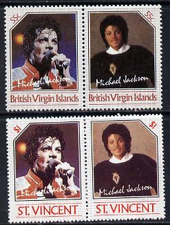 British Virgin Islands 1985 Michael Jackson 55c Unissued perf unmounted mint se-tenant pair - this issue was rejected by the Queen as only living Royalty may be depicted on BVI stamps.  The design was ultimately used for St Vincent which is included.  Very few BVI exist, stamps on , stamps on  stamps on music, stamps on  stamps on personalities, stamps on  stamps on pops, stamps on  stamps on rock