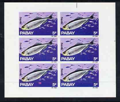 Pabay 1969 Fish 5d (Herring) complete imperf sheetlet of 6 with large background flaw on stamp 3/1 unmounted mint, stamps on fish, stamps on marine life   