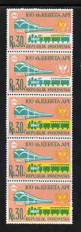 Indonesia 1968 Railway Centenary 30r vert strip of 5, yellow 90% omitted from one stamp and 20% omitted from another, unmounted mint SG 1194var, stamps on , stamps on  stamps on railways