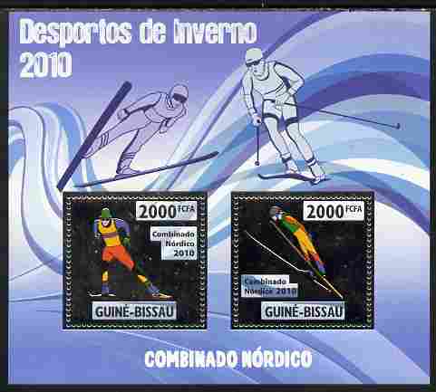 Guinea - Bissau 2010 Winter Olympic Sports - Nordic Combined perf sheetlet containing 2 values in silver unmounted mint, stamps on , stamps on  stamps on olympics, stamps on  stamps on sport, stamps on  stamps on skiing