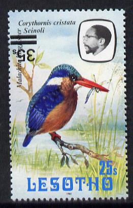 Lesotho 1986-88 Malachite Kingfisher Provisional 35s on 25s (1981 issue) with surch inverted showing 'small s' variety cat \A3100 as normal (SG 720bb var), stamps on lesotho, stamps on birds, stamps on kingfisher