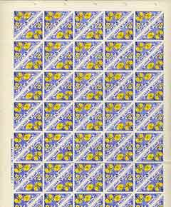 Herm Island 1954 Sea Poppy, Iris & Wallflower 4 doubles (from Flora & Fauna Triangular set) in complete sheet of 100 (Rosen H17) folded along central perforations, unmoun..., stamps on triangulars, stamps on flowers
