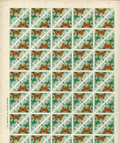 Herm Island 1954 Brown & White Admiral 2.5d (from Flora & Fauna Triangular set) in complete sheet of 100 (Rosen H21) folded along central perforations, unmounted mint, stamps on triangulars, stamps on butterflies