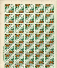 Herm Island 1954 Brown & White Admiral 2.5d (from Flora & Fauna Triangular set) in complete sheet of 100 (Rosen H21) folded along central perforations, unmounted mint, stamps on triangulars, stamps on butterflies