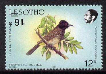 Lesotho 1990 Red-eyed Bulbul Provisional 16s on 12s with surcharge inverted unmounted mint, SG 948a*, stamps on , stamps on  stamps on birds      bulbul