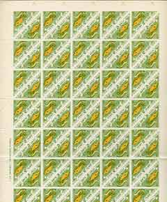 Herm Island 1954 Garfish & Wrasse 1s (from Flora & Fauna Triangular set) in complete sheet of 100 (Rosen H28) folded along central perforations, unmounted mint, stamps on , stamps on  stamps on triangulars, stamps on  stamps on fish, stamps on  stamps on eels