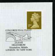 Postmark - Great Britain 2003 cover for final Concorde flight London to New York with special cancel illustrated with Concorde (23rd October), stamps on , stamps on  stamps on aviation, stamps on  stamps on concorde