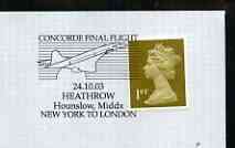 Postmark - Great Britain 2003 cover for final Concorde flight New York to London with special cancel illustrated with Concorde (24th October), stamps on aviation, stamps on concorde