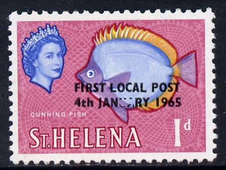 St Helena 1965 Local Post 1d (Lace background) unmounted mint single with Damaged UA SG 193 V4, stamps on lace, stamps on fish